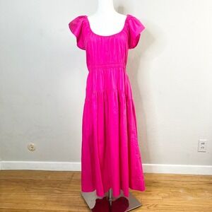 Marea Maxi Dress Hot Pink 100% Cotton Flutter Sleeve Tiered Resort Coastal Med